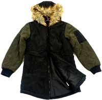 Černo-khaki šusťákový zimní kabát s kapucí zn. E-Vie