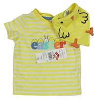 2set- Žluto-bílé pruhované tričko s nápisem + Žlutý slinták s kuřátkem zn. F&F