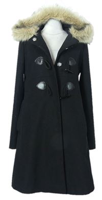 Dámský černý flaušový kabát s kapucí s kožíškem zn. Asos 