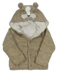 Hnědý melírovaný propínací podšitý svetr s kapucí s medvídkem zn. M&S