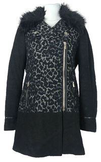 Dámský černo-vzorovaný vlněný kabát s kožíškem zn. F&F