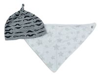 2Set - Šedo-černá melírovaná vzorovaná čepice + bílý šátek/slinták s hvězdičkami zn. Bhs