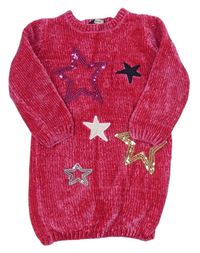 Růžová žinylková svetrová tunika s hvězdami z flitrů zn. George