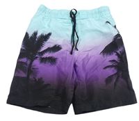 Tyrkysovo-fialovo-černé ombré plážové kraťasy s palmami zn. H&M