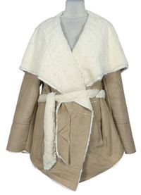 Dámský béžovo-bílý semišový kabátový cardigán s kožíškem s páskem zn. Laura Torelli 