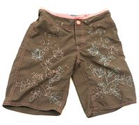 Tmavohnědo-růžové letní 3/4 kalhoty s potiskem a výšivkou