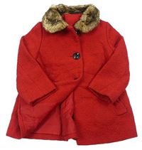 Červený vzorovaný vlněný podšitý kabát s kožešinovým límečkem zn. George