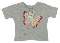 Šedé melírované tričko s motýlkem s flitry a zlatými motýlky zn. Tu