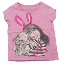 Růžové tričko s dívkou s králíkem a flitry zn. Next
