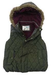 Khaki šusťákovo-vlněná prošívaná zateplená vesta s kapucí zn. Mothercare