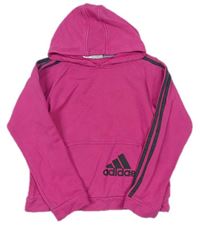 Růžová mikina s šedými pruhy a logem s kapucí zn. Adidas 