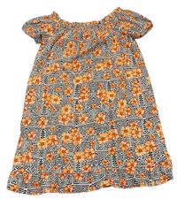 Černo-bílo-oranžové vzorované/květované lehké šaty zn. Primark