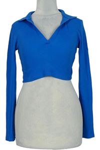 Dámské modré žebrované crop triko s límečkem zn. Zara 