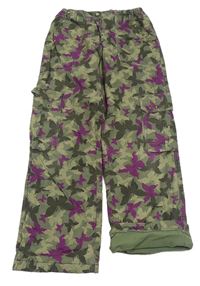 Khaki-béžovo-purpurové cargo plátěné podšité kalhoty s motýlky a cvočky zn. C&A