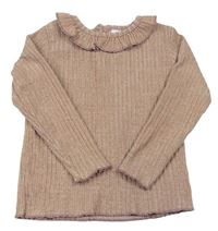 Světlerůžový žebrovaný svetr s volánky zn. Zara