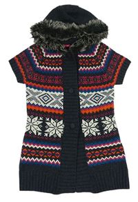 Tmavošedo-smetanovo-barevná vzorovaná pletená propínací vesta s vločkami a kapucí s kožešinou zn. YD