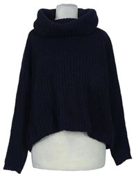 Dámský tmavomodrý crop vlněý svetr s komínovým límcem zn. Zara 