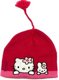 Tmavorůžovo-růžová pletená čepice s Kitty