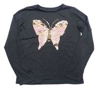 Tmavošedé triko s motýlem z flitrů zn. Primark
