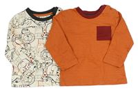 2x triko - oranžové pruhované s kapsou + smetanové se zvířaty zn. Nutmeg