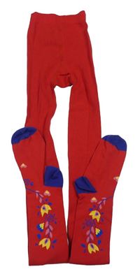 Červeno-modré punčocháče s kytičkami