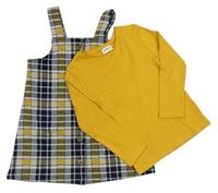 2set- Tmavomodro-okrové kostkované šaty + okrové triko zn. F&F