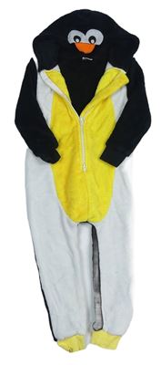 Bílo-žluto-černá chlupatá kombinéza s kapucí - tučňák 