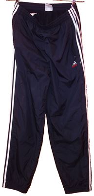 Pánské tmavomodré šusťákové kalhoty s pruhy zn. Adidas vel. 34