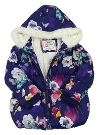 Tmavomodrá květovaná šusťáková zimní bunda s kapucí zn. M&S