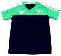 Zeleno-tmavomodré sportovní tričko s číslem a potiskem