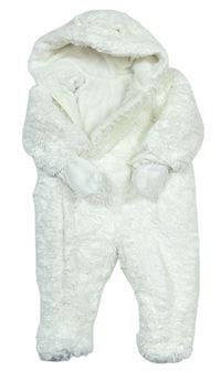 Bílá chlupatá zateplená kombinéza s kapucí s oušky + rukavice zn. Mothercare