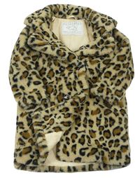Béžový kožešinový zateplený kabát s leopardím vzorem zn. Tu