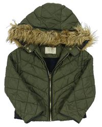 Khaki šusťáková prošívaná zateplená bunda s kapucí zn. Zara