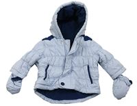 Světlemodrá šusťáková zimní bunda s kapucí + rukavice zn. Mothercare 