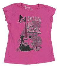 Růžové tričko s kytarou a nápisy s kamínky zn. Matalan