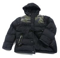 Černo-khaki prošívaná šusťáková zimní bunda s kapucí 