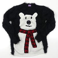 Černý chlupatý svetr s medvídkem zn. F&F 