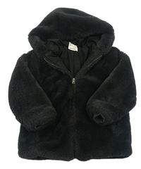 Antracitový kožešinový podšitý kabát s kapucí zn. Zara 