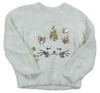 Bílý chlupatý svetr s kočkou zn. M&Co.