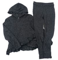 2 set - Černý melírovaný svetr s kapucí a volánky + pletené legíny