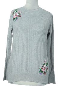 Dámský šedý žebrovaný svetr s květy zn. New Look 