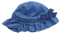 Modrý puntíkovaný plátěný klobouk s mašlí zn. Pusblu 