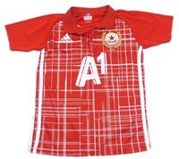 Červeno-bílý kostkovaný funčkní sportovnní fotbalový dres s logem a pruhy zn. Adidas 