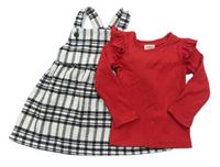 2set - Bílo-černé kostkované vlněné šaty + červené žebrované triko zn. F&F