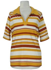 Dámské oranžovo-rezavo-bílé pruhované žebrované tričko s límečkem zn. F&F