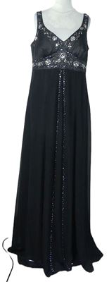 Dámské černé saténovo-šifonové dlouhé společenské šaty s korálky zn. Debut 