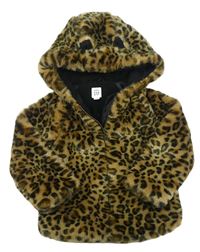 Béžovo-černá chlupatá zateplená bunda s leopardím vzorem a kapucí zn. GAP 
