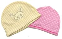 2x bavlněná čepice růžová s puntíky, béžová pruhovaná s králíčkem 