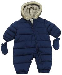 Tmavomodrá prošívaná šusťáková zimní kombinéza s kapucí s kožešinou + rukavice zn. M&S