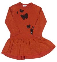 Cihlové třpytivé pletené šaty s motýlky z flitrů zn. M&Co.